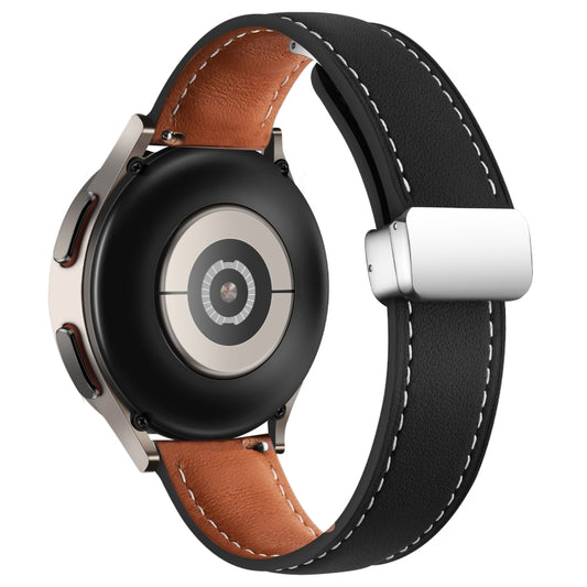 20mm Folding Buckle Plain Weave Genuine Leather Watch Band(Black+Silver) by buy2fix