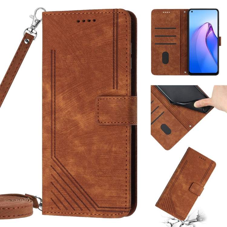For OPPO A7 / A5s / A12 Skin Feel Stripe Pattern Leather Phone Case with Lanyard(Brown) - OPPO Cases by buy2fix | Online Shopping UK | buy2fix