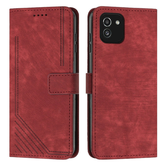 For Samsung Galaxy A03 EU 166mm Skin Feel Stripe Pattern Leather Phone Case with Lanyard(Red) by buy2fix