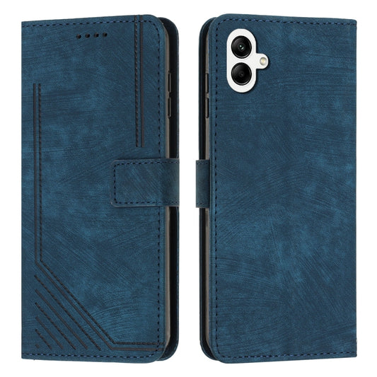 For Samsung Galaxy A04e / F04 Skin Feel Stripe Pattern Leather Phone Case with Lanyard(Blue) by buy2fix