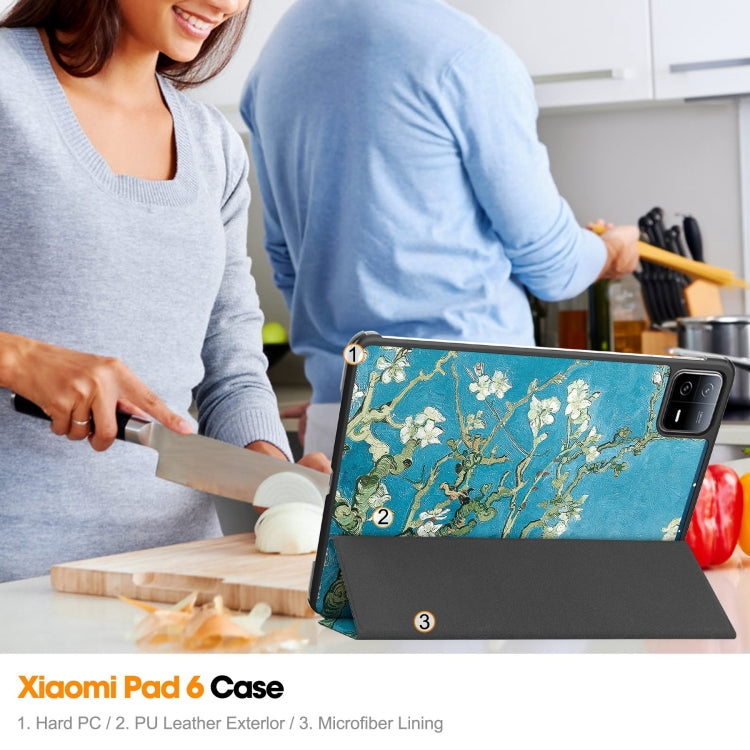 For Xiaomi Pad 6 / 6 Pro Custer Painted 3-Fold Stand Leather Smart Tablet Case(Apricot Blossom) - by buy2fix | Online Shopping UK | buy2fix