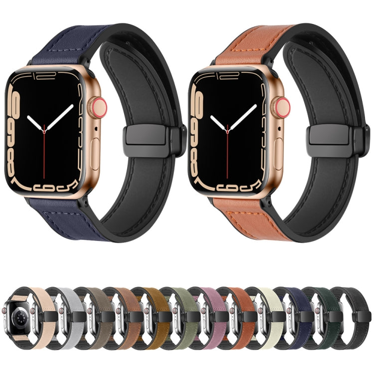 Magnetic Folding Silicone Leather Watch Band For Apple Watch Ultra 49mm&Watch Ultra 2 49mm / Series 9&8&7 45mm / SE 3&SE 2&6&SE&5&4 44mm / 3&2&1 42mm(Black) by buy2fix