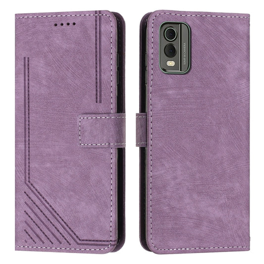 For Nokia C32 Skin Feel Stripe Pattern Leather Phone Case with Lanyard(Purple) by buy2fix