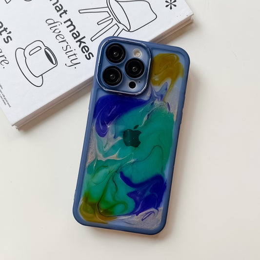 For iPhone 14 Pro Max Oil Painting Electroplating TPU Phone Case(Blue) by buy2fix