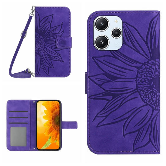 For Xiaomi Redmi 12 4G Global Skin Feel Sun Flower Embossed Flip Leather Phone Case with Lanyard(Dark Purple) by buy2fix