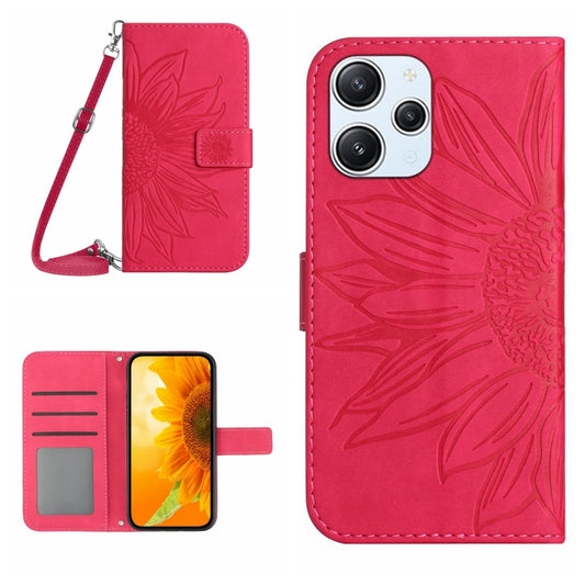 For Xiaomi Redmi 12 4G Global Skin Feel Sun Flower Embossed Flip Leather Phone Case with Lanyard(Rose Red) by buy2fix
