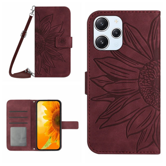 For Xiaomi Redmi 12 4G Global Skin Feel Sun Flower Embossed Flip Leather Phone Case with Lanyard(Wine Red) by buy2fix