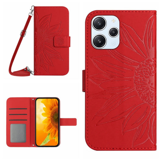 For Xiaomi Redmi 12 4G Global Skin Feel Sun Flower Embossed Flip Leather Phone Case with Lanyard(Red) by buy2fix