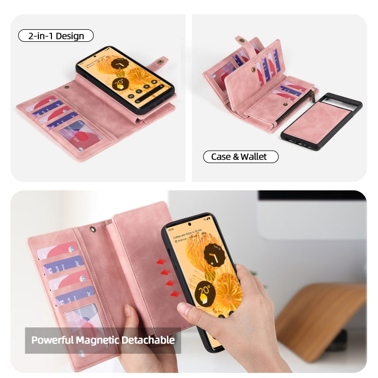 For Google Pixel 7 Zipper Wallet Detachable Magnetic Leather Phone Case(Pink) - Google Cases by buy2fix | Online Shopping UK | buy2fix