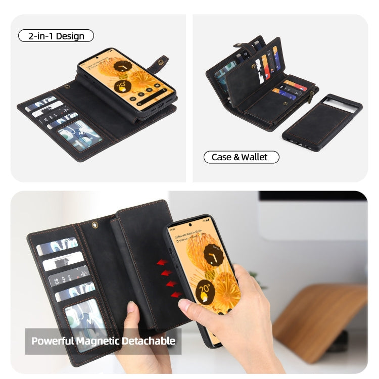 For Google Pixel 6a Zipper Wallet Detachable Magnetic Leather Phone Case(Black) - Google Cases by buy2fix | Online Shopping UK | buy2fix