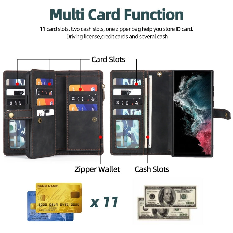 For Samsung Galaxy S22 Ultra 5G Zipper Wallet Magnetic Detachable Leather Phone Case(Black) - Galaxy S22 Ultra 5G Cases by buy2fix | Online Shopping UK | buy2fix