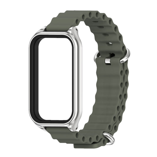 For Xiaomi Smart Band 8 Active / Redmi Band 2 Mijobs Metal Shell Ocean Silicone Watch Band(khaki Green Silver) by MIJOBS