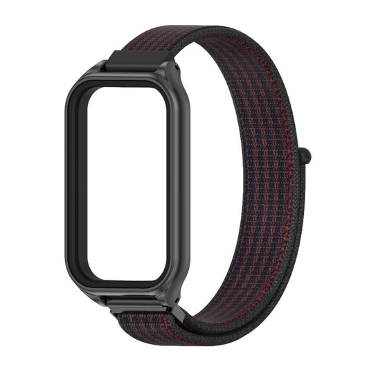 For Xiaomi Smart Band 8 Active / Redmi Band 2 Mijobs Metal Shell Breathable Nylon Loop Watch Band(Black Red) by MIJOBS