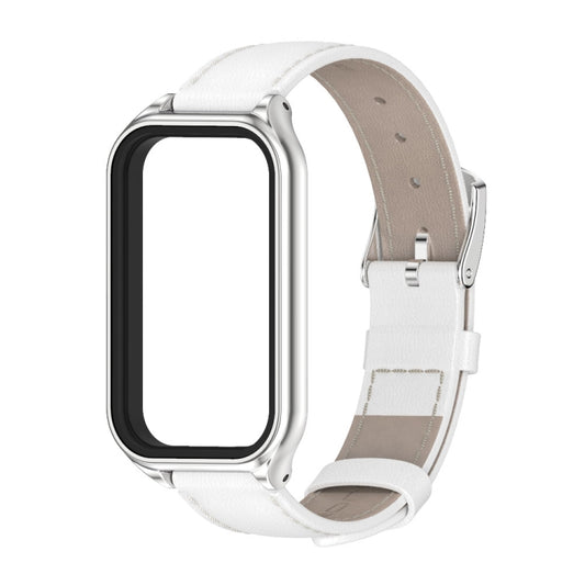 For Xiaomi Smart Band 8 Active / Redmi Band 2 Mijobs Metal Shell Genuine Leather Watch Band(White Silver) by MIJOBS