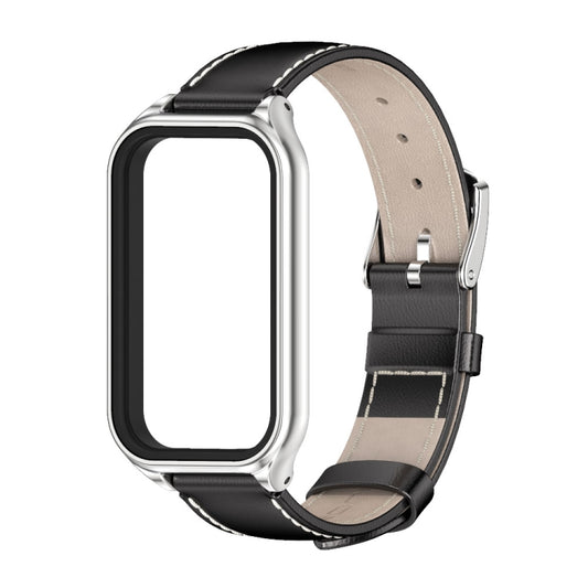 For Xiaomi Smart Band 8 Active / Redmi Band 2 Mijobs Metal Shell Genuine Leather Watch Band(Black Silver) by MIJOBS