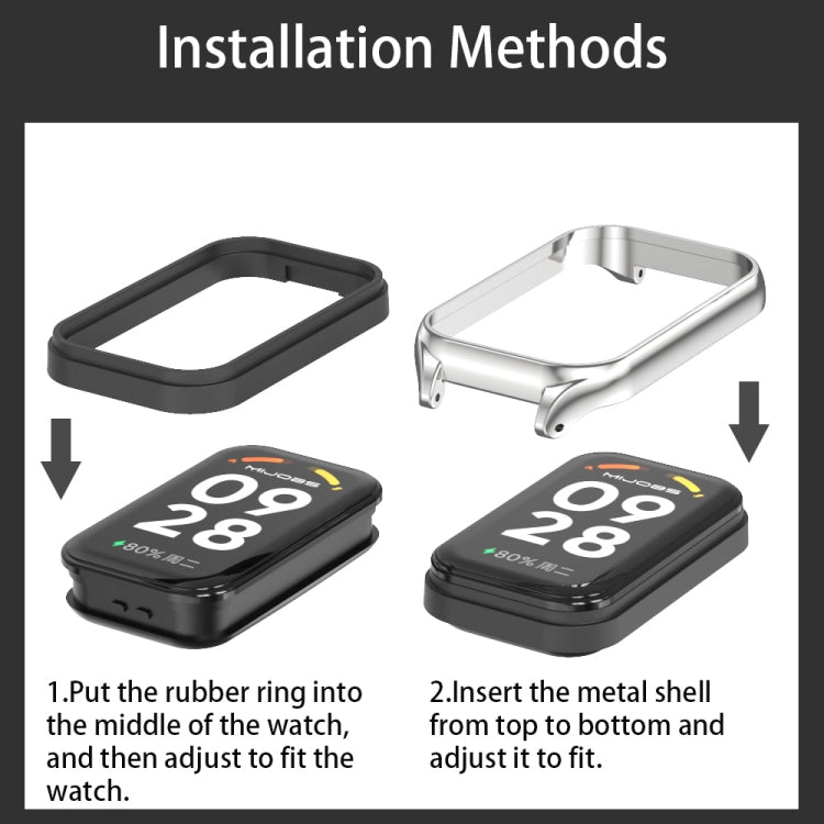 For Xiaomi Smart Band 8 Active / Redmi Band 2 Mijobs Metal Shell Genuine Leather Watch Band(Black Silver) by MIJOBS