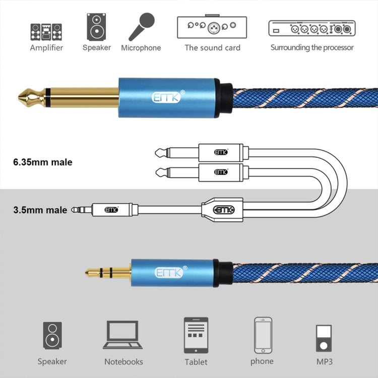 EMK 3.5mm Jack Male to 2 x 6.35mm Jack Male Gold Plated Connector Nylon Braid AUX Cable for Computer / X-BOX / PS3 / CD / DVD, Cable Length:3m(Dark Blue) - by EMK | Online Shopping UK | buy2fix