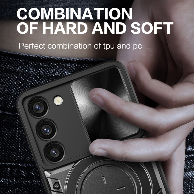 For Samsung Galaxy S23 5G CD Texture Sliding Camshield Magnetic Holder Phone Case(Black) - Galaxy S23 5G Cases by buy2fix | Online Shopping UK | buy2fix