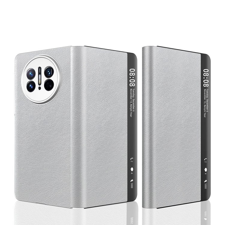 For Huawei Mate X3 Retro Magnetic Side Window View Leather Smart Phone Case(Silver) - Huawei Cases by buy2fix | Online Shopping UK | buy2fix