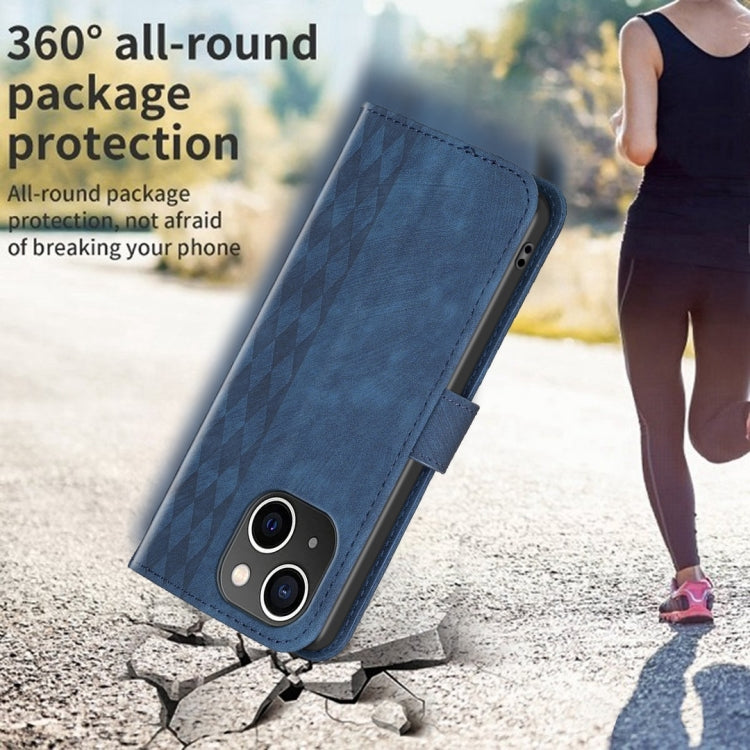 For iPhone 14 Plaid Embossed Leather Phone Case(Blue) - iPhone 14 Cases by buy2fix | Online Shopping UK | buy2fix
