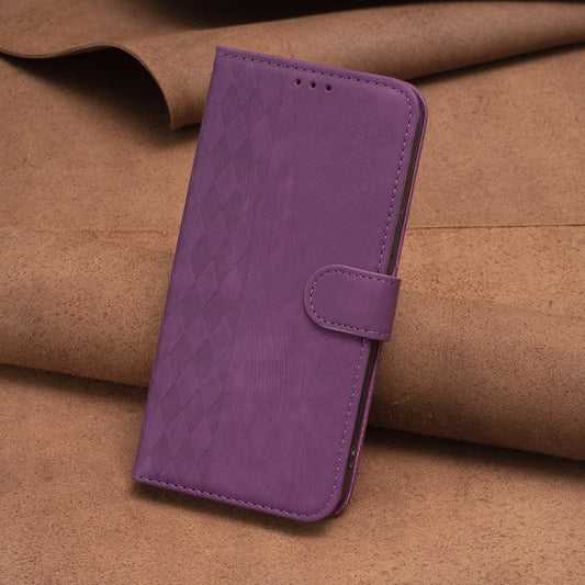 For iPhone 14 Pro Plaid Embossed Leather Phone Case(Purple) by buy2fix