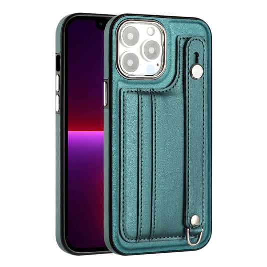 For iPhone 14 Pro Shockproof Leather Phone Case with Wrist Strap(Green) by buy2fix