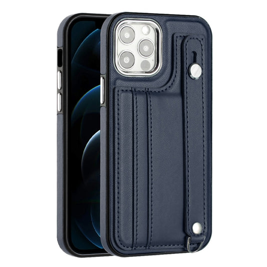 For iPhone 12 / 12 Pro Shockproof Leather Phone Case with Wrist Strap(Blue) by buy2fix
