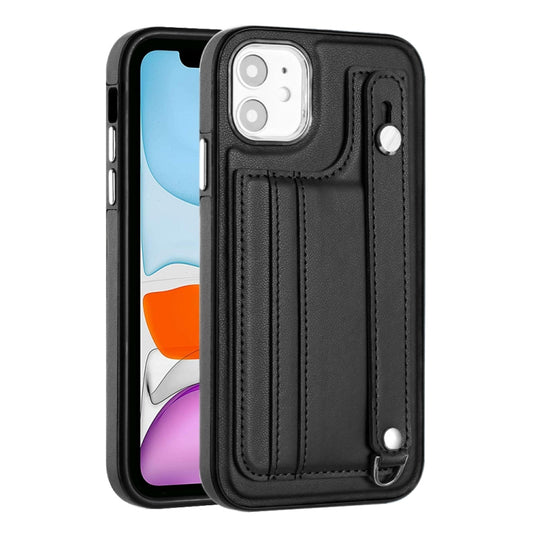 For iPhone 11 Shockproof Leather Phone Case with Wrist Strap(Black) by buy2fix