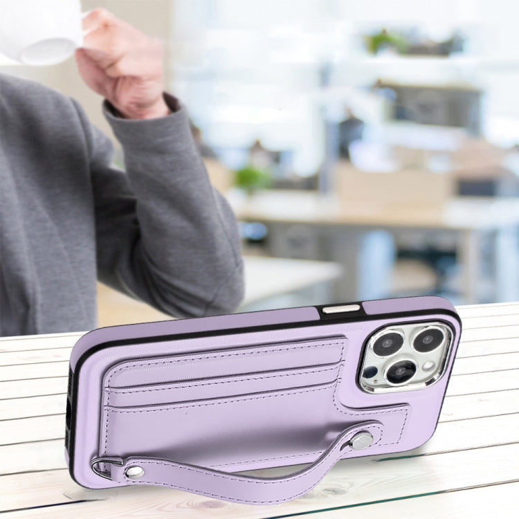 For iPhone 15 Pro Shockproof Leather Phone Case with Wrist Strap(Purple) by buy2fix