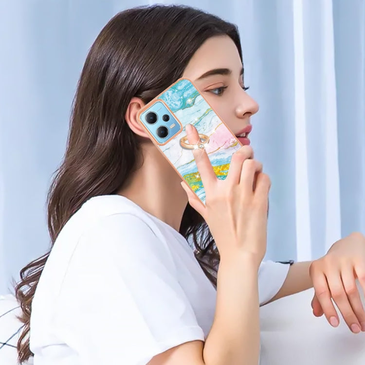 For Xiaomi Redmi Note 12 5G Global/Poco X5 5G Electroplating Marble IMD TPU Phone Case with Ring Holder(Green 004) by buy2fix