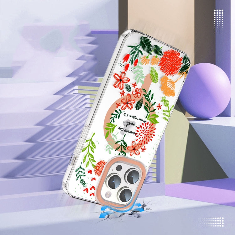 For iPhone 12 / 12 Pro MagSafe Magnetic TPU Phone Case(Red Flowers and Green Leaves) by buy2fix