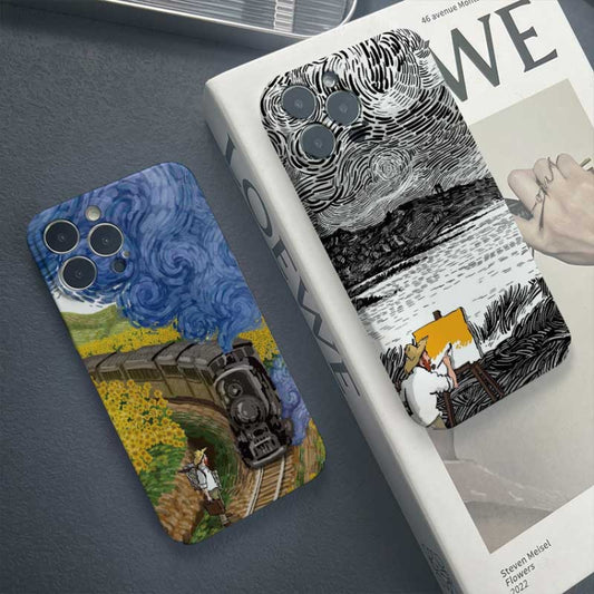 For iPhone 12 mini Precise Hole Oil Painting Pattern PC Phone Case(Train) by buy2fix