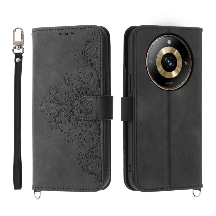 For Realme 11 Pro 5G / 11 Pro+ 5G Skin-feel Flowers Embossed Wallet Leather Phone Case(Black) - Realme Cases by buy2fix | Online Shopping UK | buy2fix