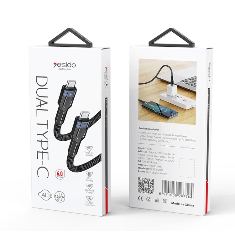 YESIDO CA108 1.2m 60W USB-C / Type-C to Type-C OD0.6 Charging Data Cable(Black+Blue) - USB-C & Type-C Cable by Yesido | Online Shopping UK | buy2fix