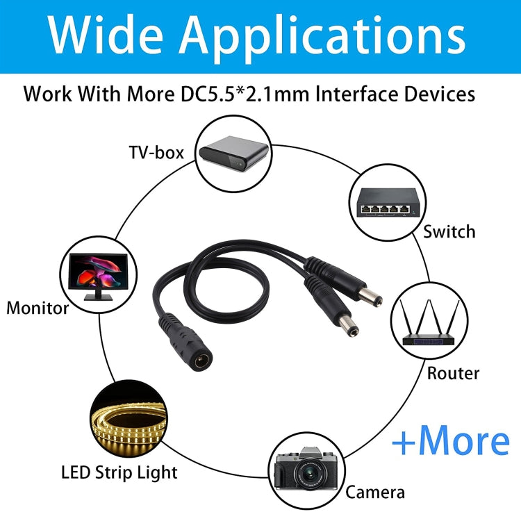 5.5 x 2.1mm 1 to 2 Female to Male Plug DC Power Splitter Adapter Power Cable, Cable Length: 30cm(Black) - Universal Power Adapter by buy2fix | Online Shopping UK | buy2fix