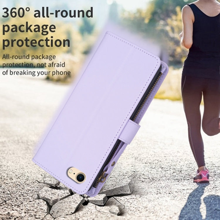 For iPhone SE 2022/SE 2020 / 8 / 7 9 Card Slots Zipper Wallet Leather Flip Phone Case(Light Purple) by buy2fix