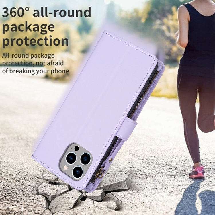 For iPhone 12 / 12 Pro 9 Card Slots Zipper Wallet Leather Flip Phone Case(Light Purple) by buy2fix