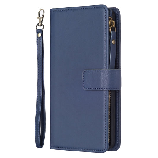 For iPhone 15 9 Card Slots Zipper Wallet Leather Flip Phone Case(Blue) by buy2fix