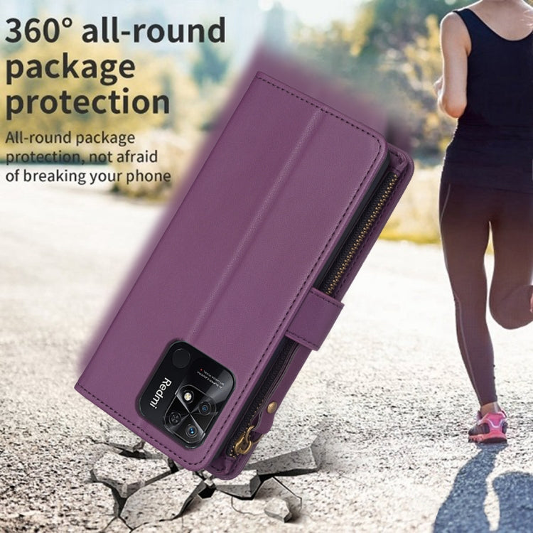 For Xiaomi Redmi 10C 9 Card Slots Zipper Wallet Leather Flip Phone Case(Dark Purple) by buy2fix