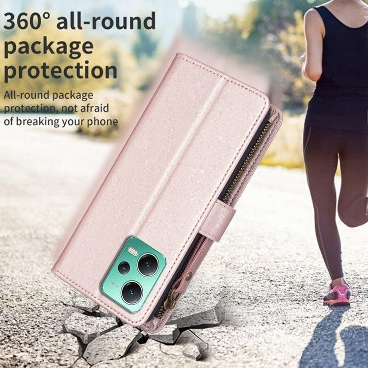 For Xiaomi Redmi Note 12 5G 9 Card Slots Zipper Wallet Leather Flip Phone Case(Rose Gold) by buy2fix