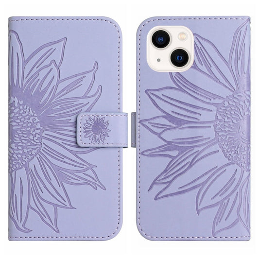 For iPhone 15 Skin Feel Sun Flower Embossed Flip Leather Phone Case with Lanyard(Purple) by buy2fix