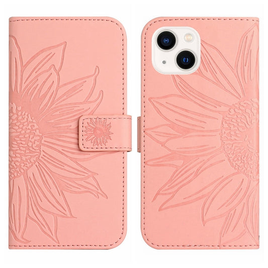 For iPhone 15 Skin Feel Sun Flower Embossed Flip Leather Phone Case with Lanyard(Pink) by buy2fix