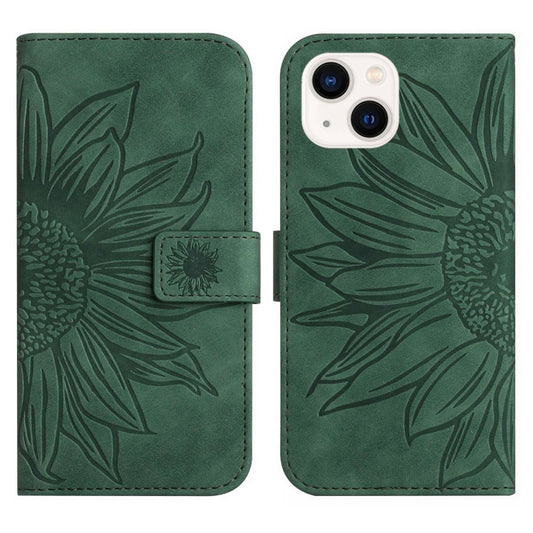For iPhone 15 Skin Feel Sun Flower Embossed Flip Leather Phone Case with Lanyard(Green) by buy2fix