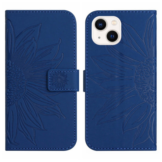For iPhone 15 Plus Skin Feel Sun Flower Embossed Flip Leather Phone Case with Lanyard(Dark Blue) by buy2fix