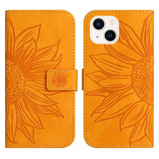 For iPhone 15 Plus Skin Feel Sun Flower Embossed Flip Leather Phone Case with Lanyard(Yellow) by buy2fix