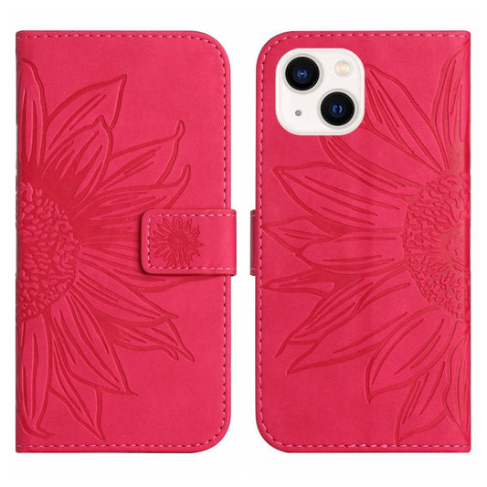 For iPhone 15 Plus Skin Feel Sun Flower Embossed Flip Leather Phone Case with Lanyard(Rose Red) by buy2fix