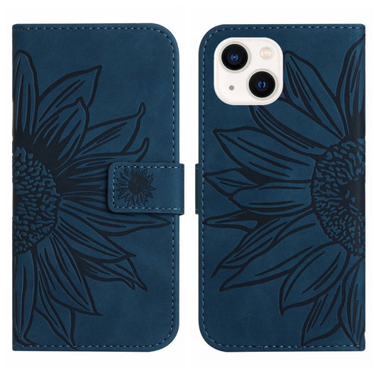 For iPhone 15 Plus Skin Feel Sun Flower Embossed Flip Leather Phone Case with Lanyard(Inky Blue) by buy2fix