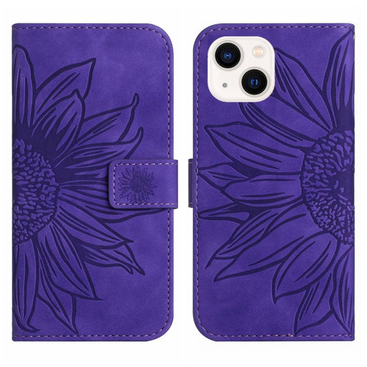 For iPhone 15 Plus Skin Feel Sun Flower Embossed Flip Leather Phone Case with Lanyard(Dark Purple) by buy2fix
