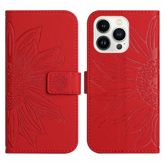 For iPhone 15 Pro Skin Feel Sun Flower Embossed Flip Leather Phone Case with Lanyard(Red) by buy2fix