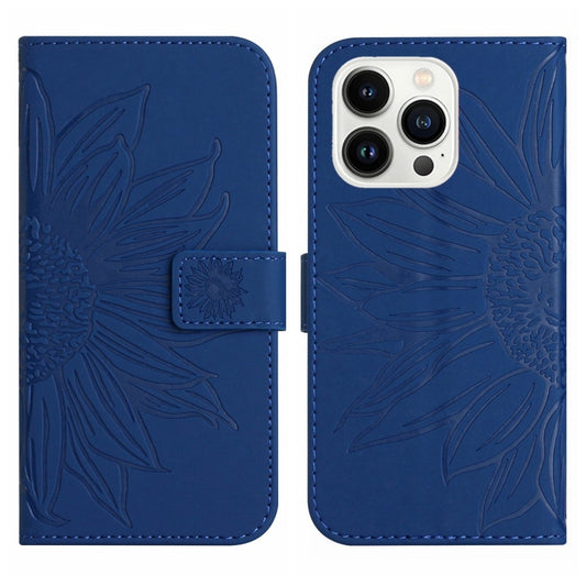 For iPhone 15 Pro Skin Feel Sun Flower Embossed Flip Leather Phone Case with Lanyard(Dark Blue) by buy2fix